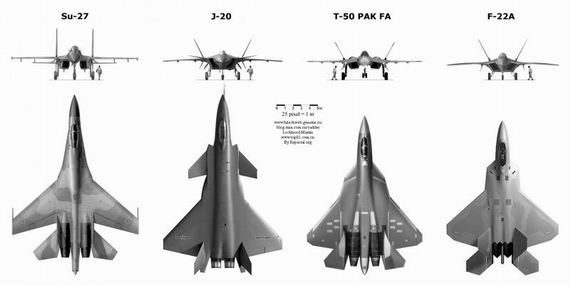 資料圖：殲-20戰(zhàn)機與蘇-27、T-50、F-22A對比圖。